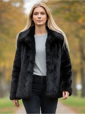 Cejon Black Plush Faux Fur Crop Cape Swing Jacket Open Front Coat Size L Mobwife